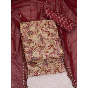 Chikoo & Maroon Foil Printed Cotton Blend Dress Material