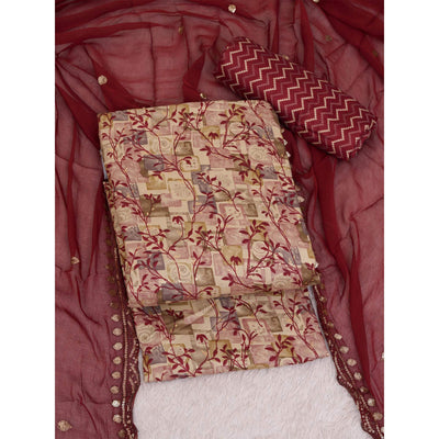 Chikoo & Maroon Foil Printed Cotton Blend Dress Material