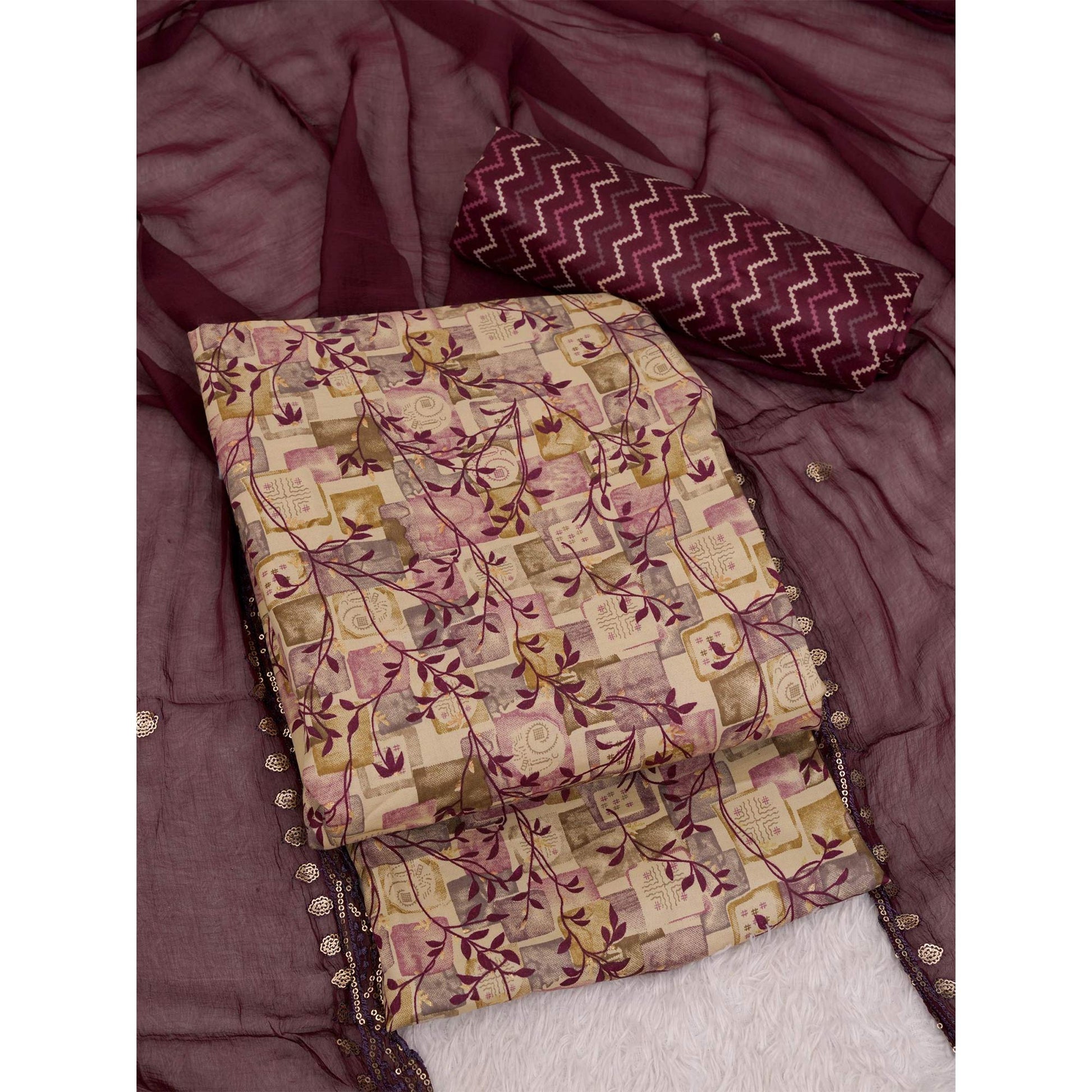 Chikoo & Wine Foil Printed Cotton Blend Dress Material