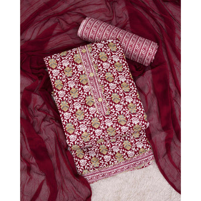 Maroon Foil Printed Cotton Blend Dress Material