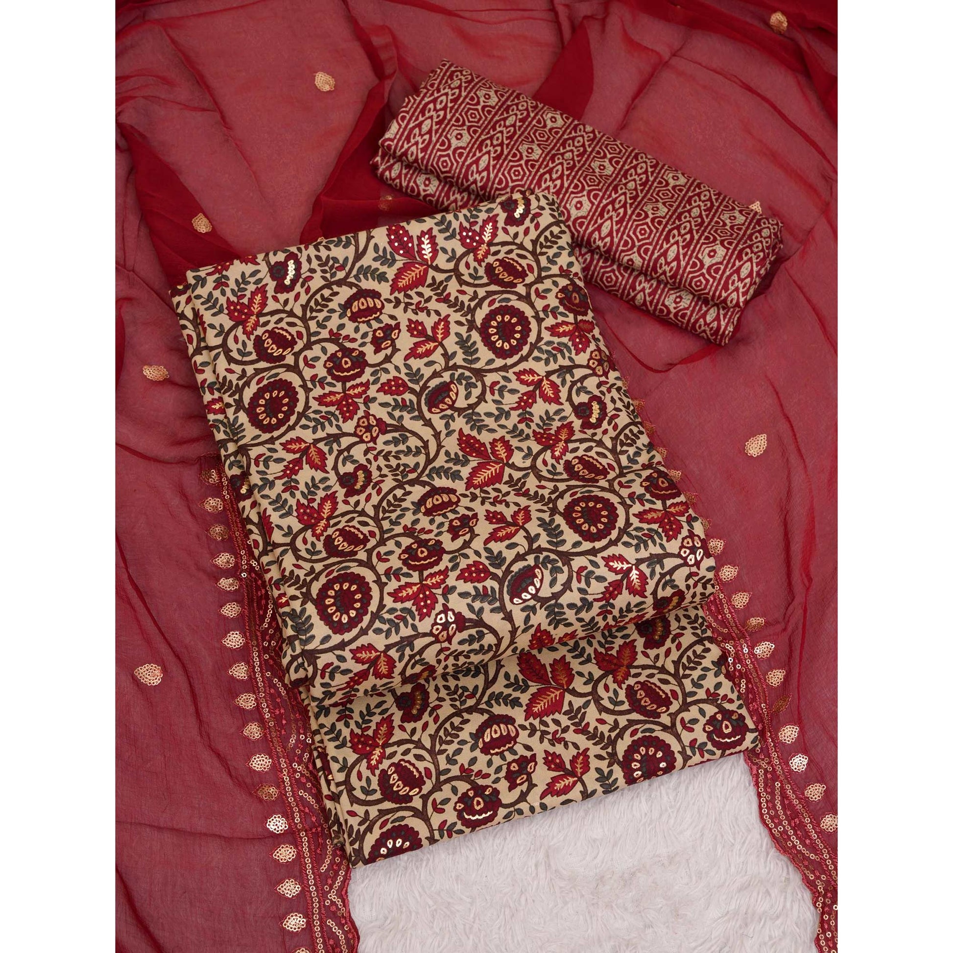 Maroon Foil Printed Cotton Blend Dress Material