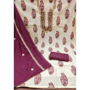 Cream & Wine Floral Printed Pure Cotton Dress Material