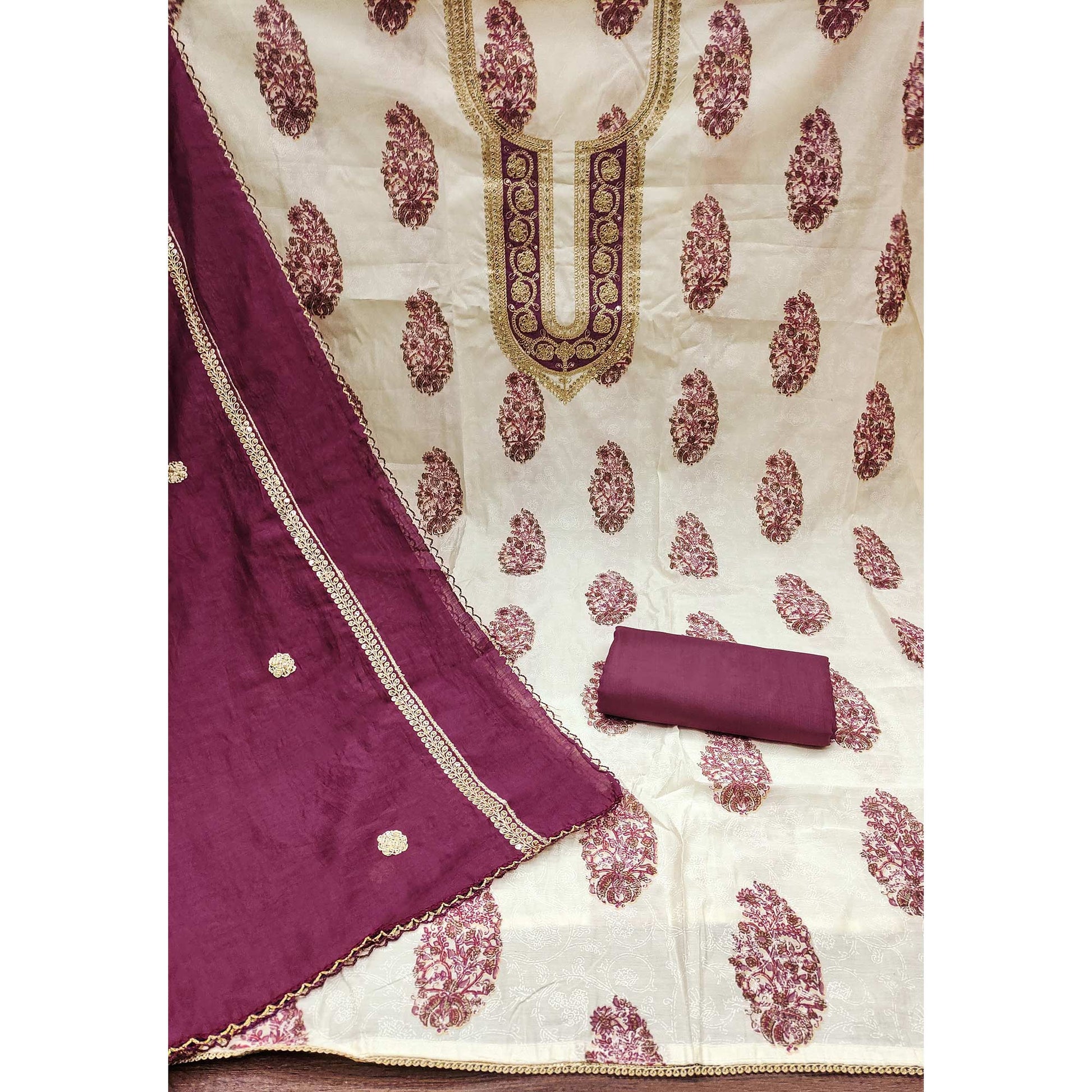 Cream & Wine Floral Printed Pure Cotton Dress Material