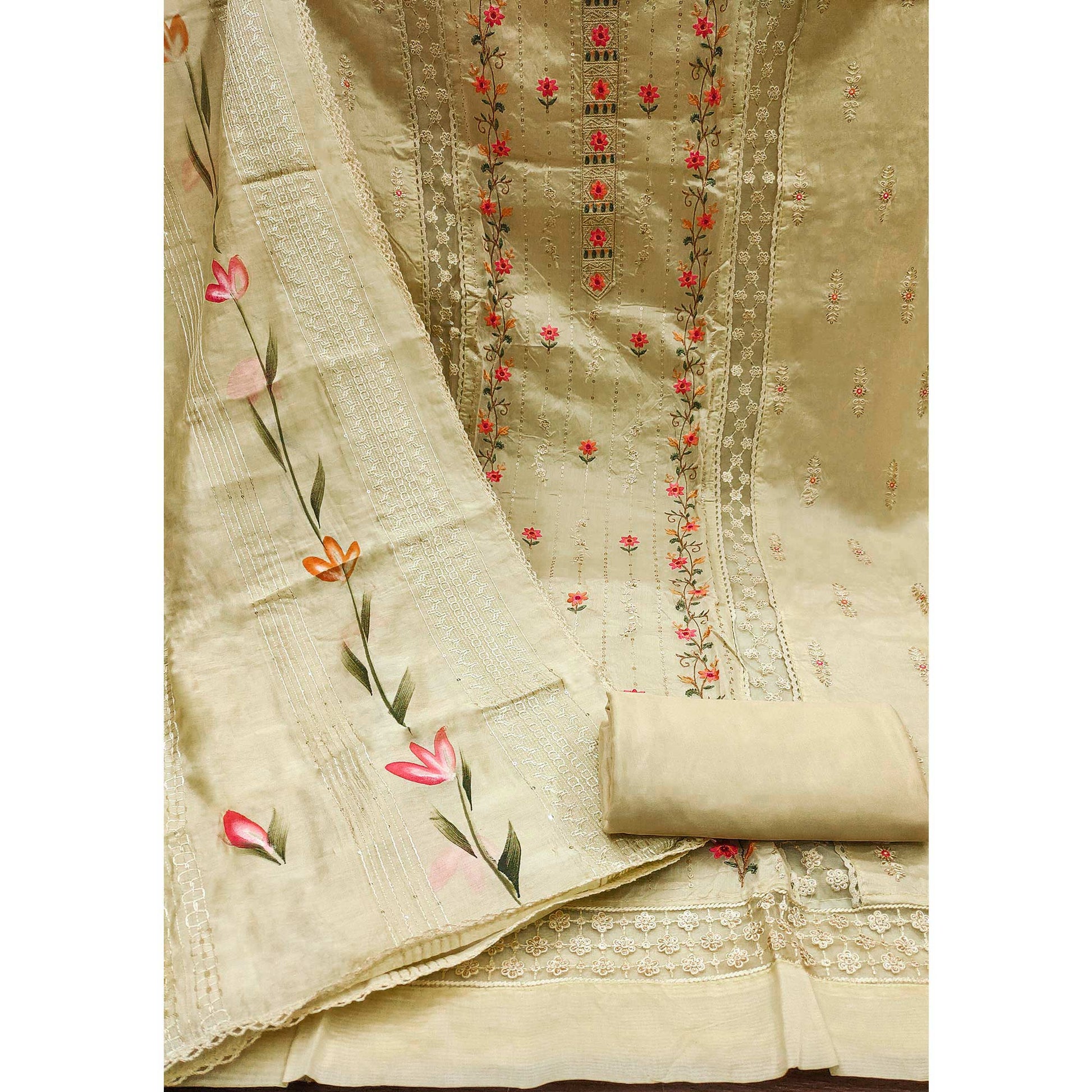 Cream Floral Sequins Embroidered Chanderi Dress Material