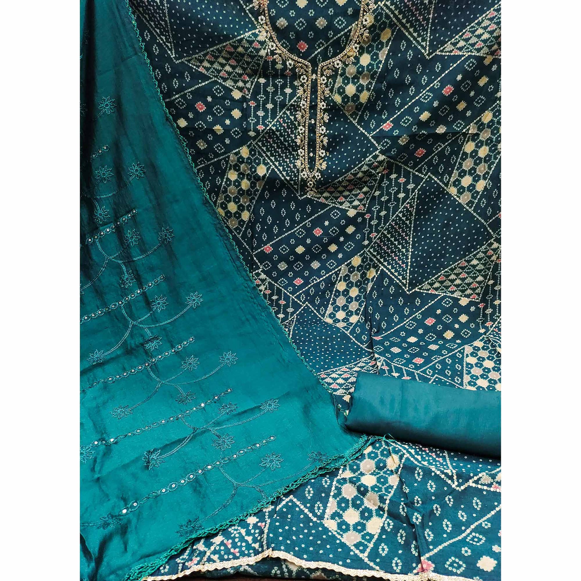 Morpich Foil Printed With Handwork Embroidered Pure Cotton Dress Material