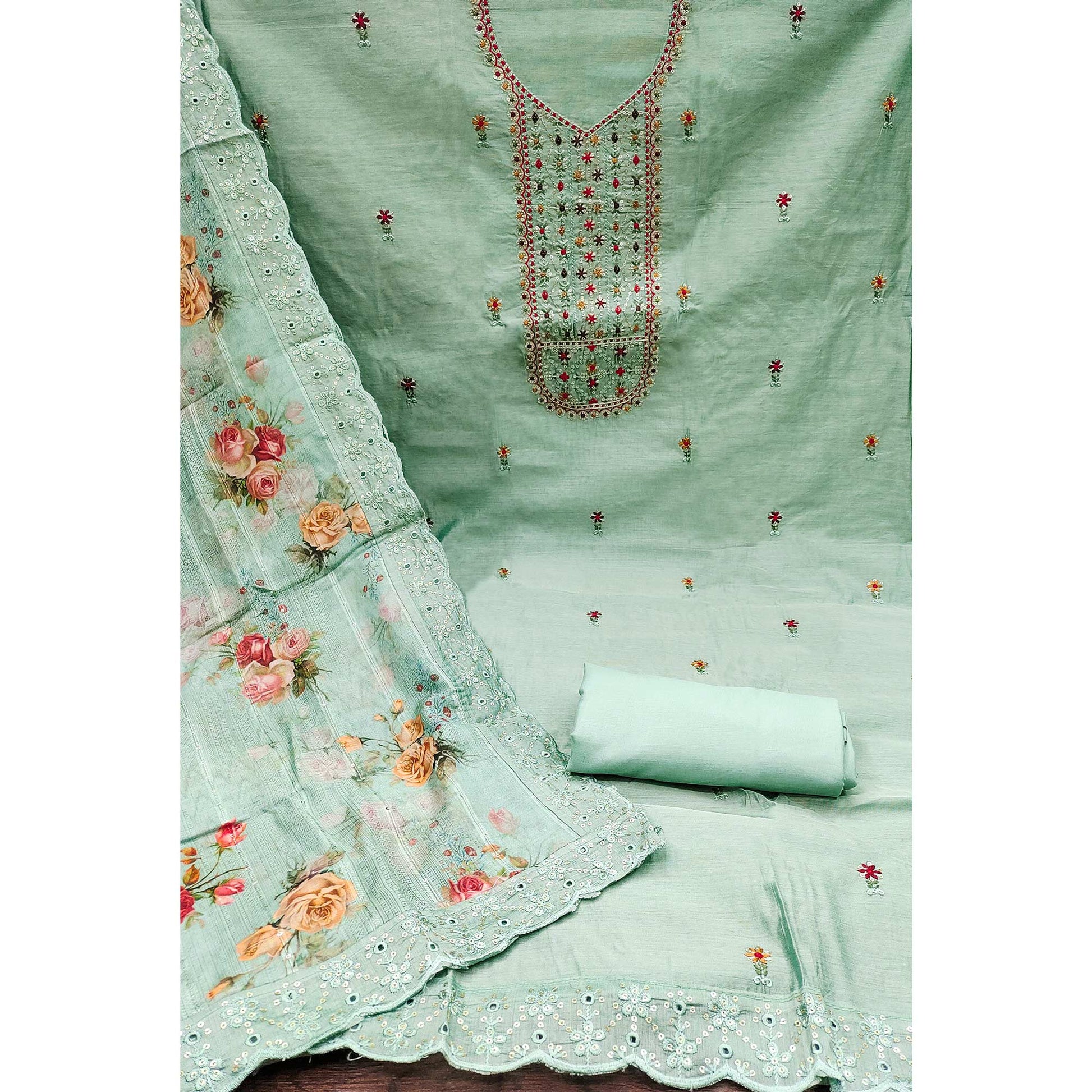 Mint Green Floral Sequins Embroidered Chanderi Dress Material