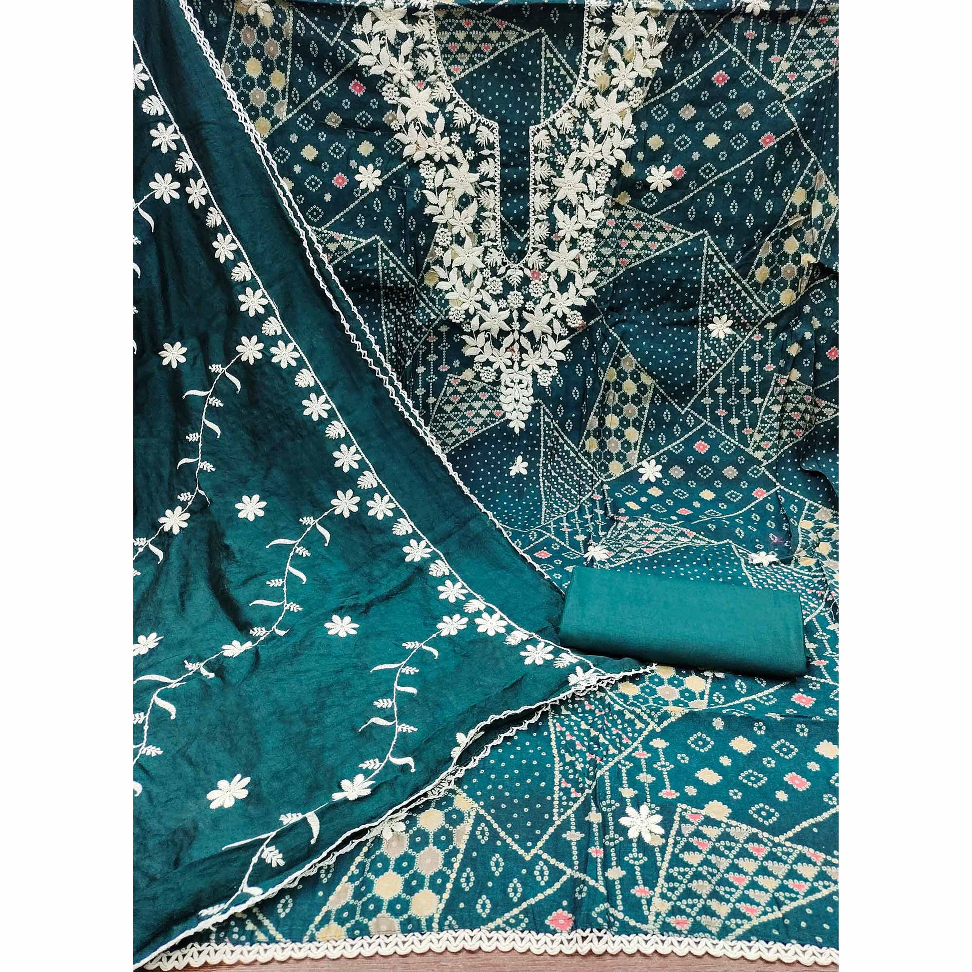Morpich Floral Embroidery With Foil Printed Pure Cotton Dress Material