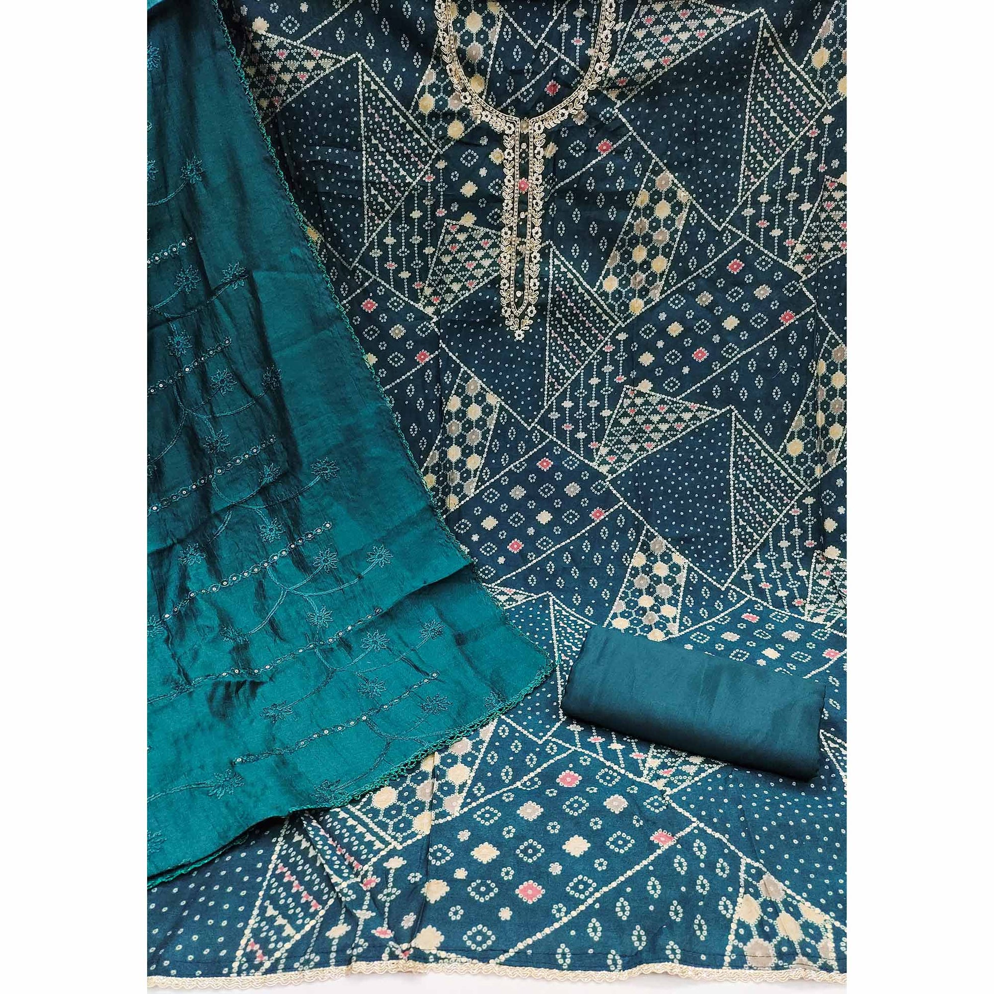Morpich Floral Embroidery With Foil Printed Pure Cotton Dress Material