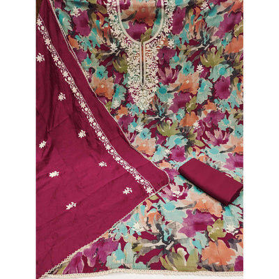Dark Magneta Floral Embroidery With Printed Cotton Silk Dress Material