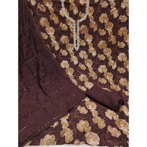 Brown Floral Printed With Handwork Cotton Silk Dress Material