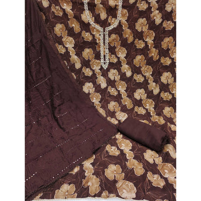 Brown Floral Printed With Handwork Cotton Silk Dress Material