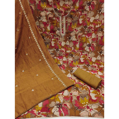 Brown Floral Printed Cotton Silk Dress Material