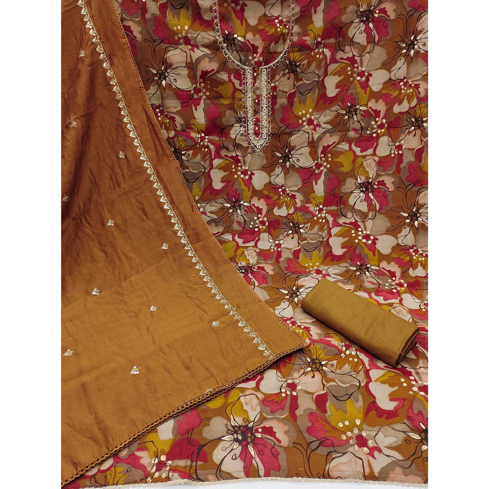 Brown Floral Printed Cotton Silk Dress Material