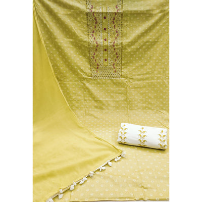 Lemon Yellow Printed With Yoke Embroidered Pure Cotton Dress Material