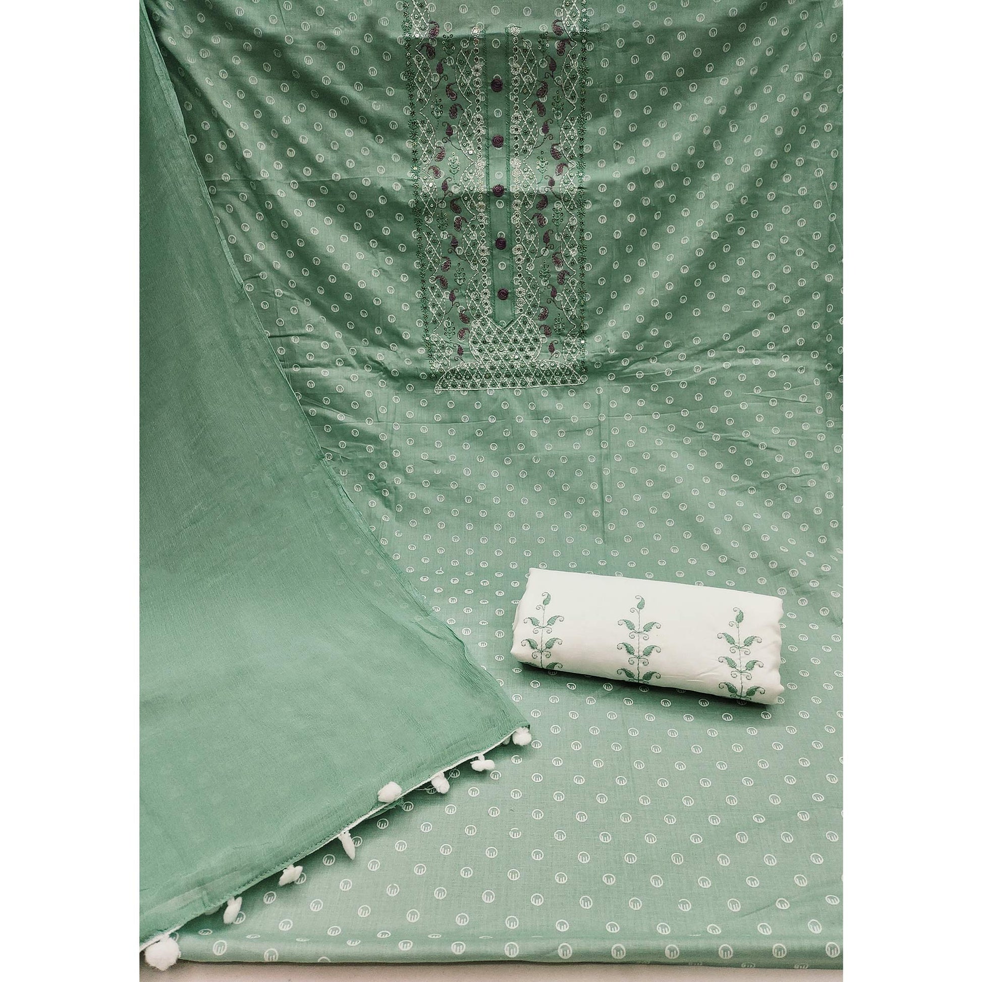 Light Sea Green Printed With Yoke Embroidered Pure Cotton Dress Material