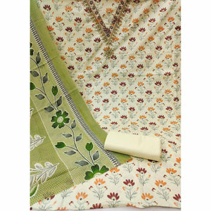 Cream Floral Printed Embroidery Work Pure Cotton Dress Material