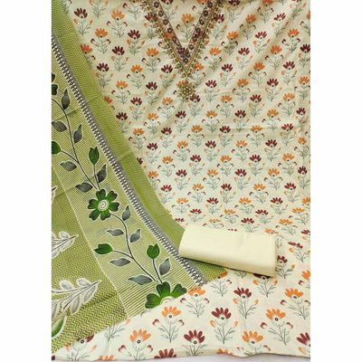 Cream Floral Printed Embroidery Work Pure Cotton Dress Material