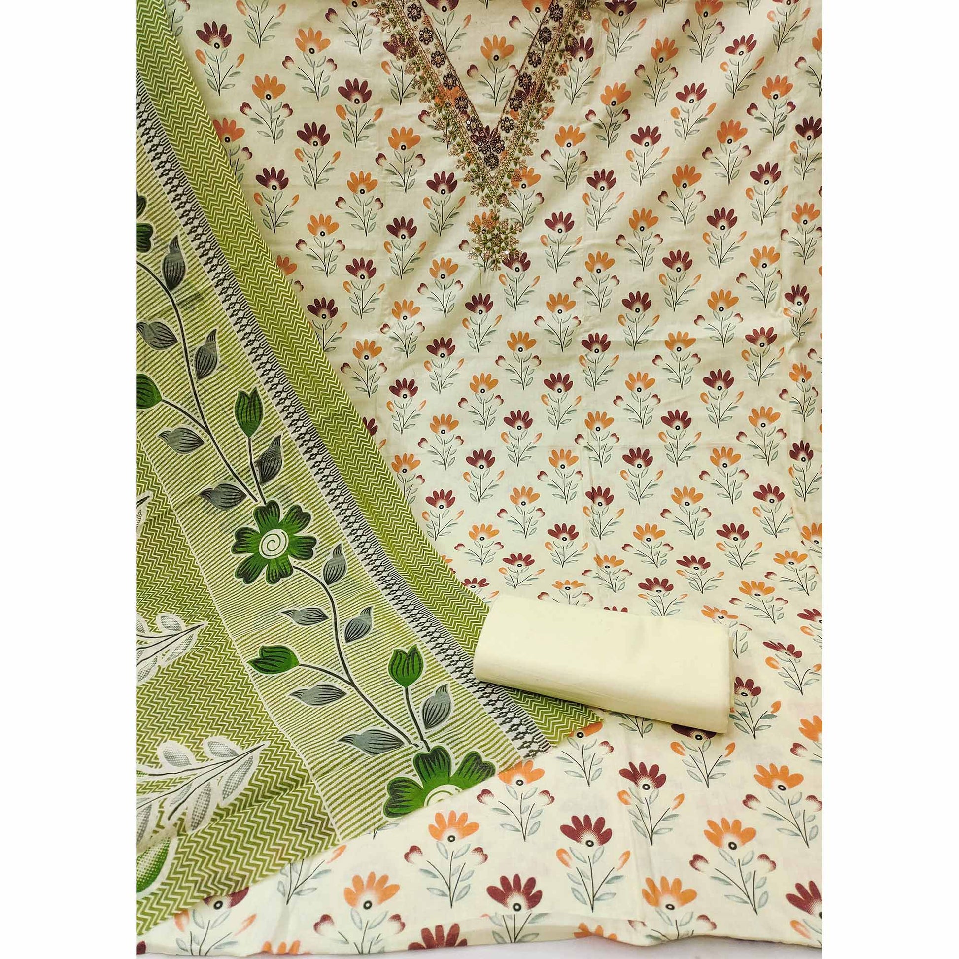 Cream Floral Printed Embroidery Work Pure Cotton Dress Material
