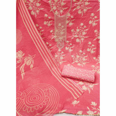 Gajri Pink Printed With Sequins Work Pure Cotton Dress Material
