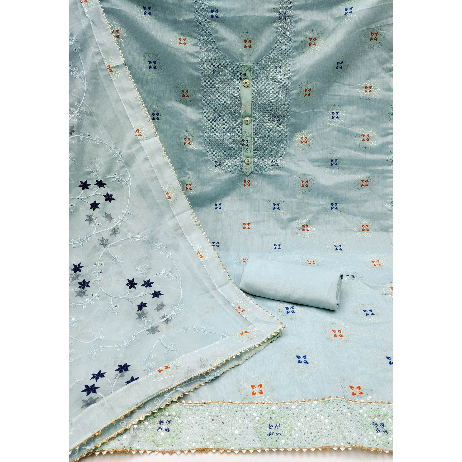 Light Blue Floral Foil Printed Chanderi Dress Material