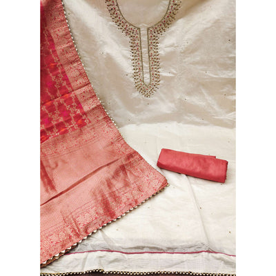 Cream  Handwork Chanderi Dress Material