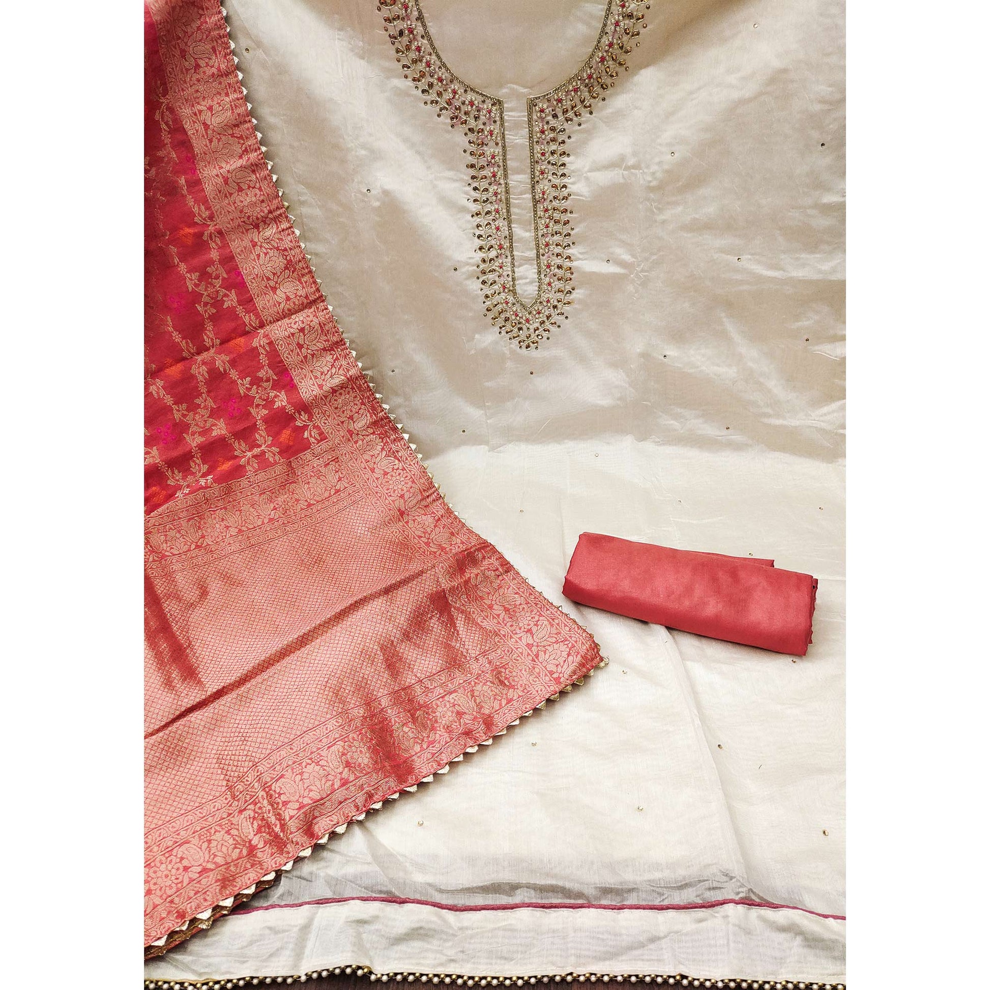Cream  Handwork Chanderi Dress Material