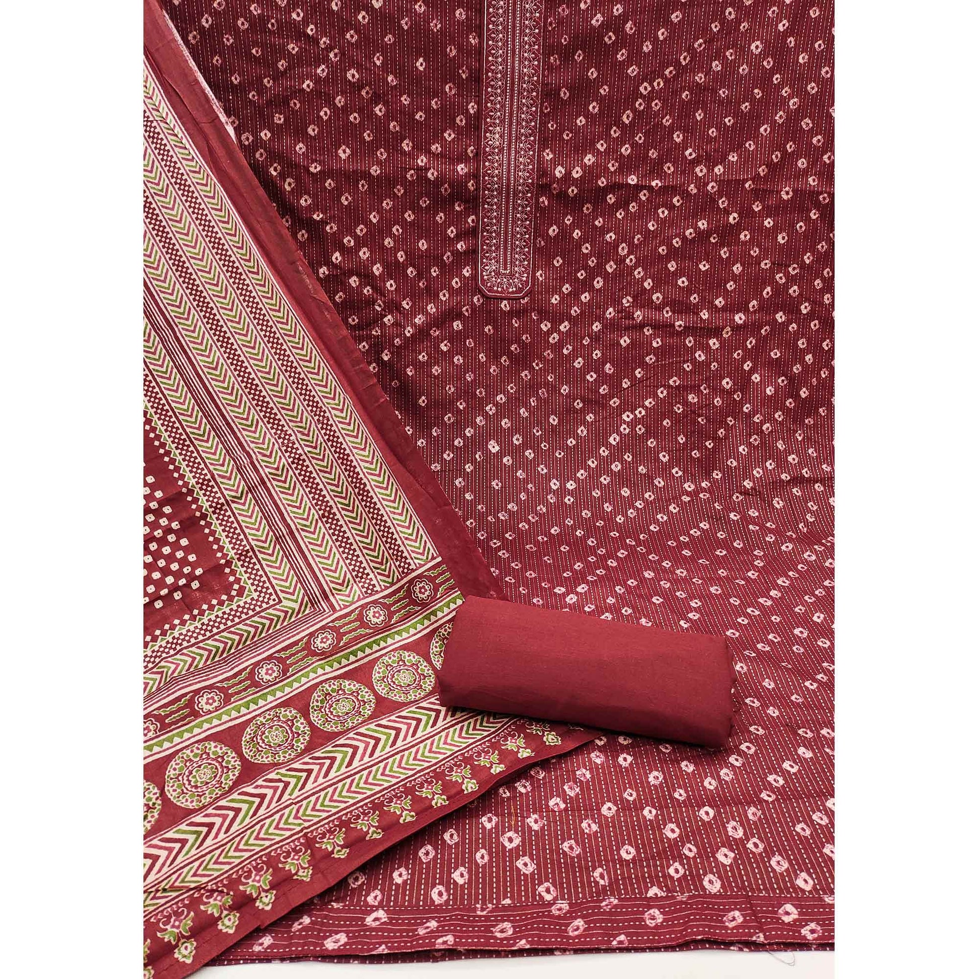 Maroon Bandhani Printed Pure Cotton Dress Material