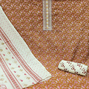 Brown Floral Printed Cotton Blend Dress Material