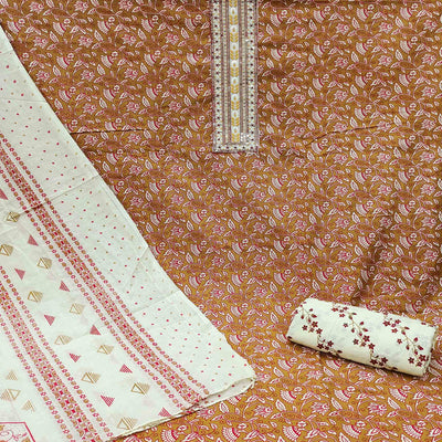 Brown Floral Printed Cotton Blend Dress Material
