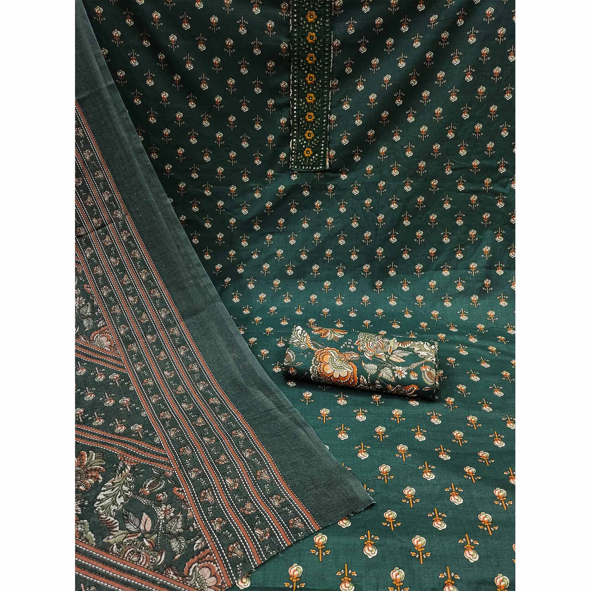 Dark Green Floral Printed Pure Cotton Dress Material