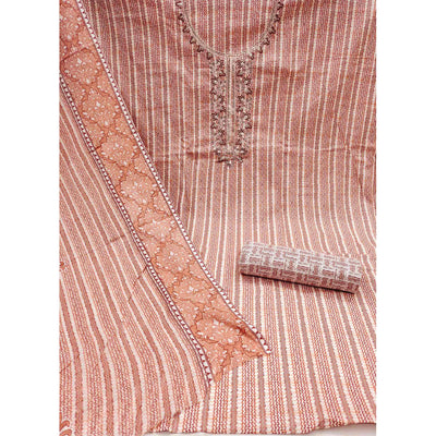 Brown Striped Printed Pure Cotton Dress Material