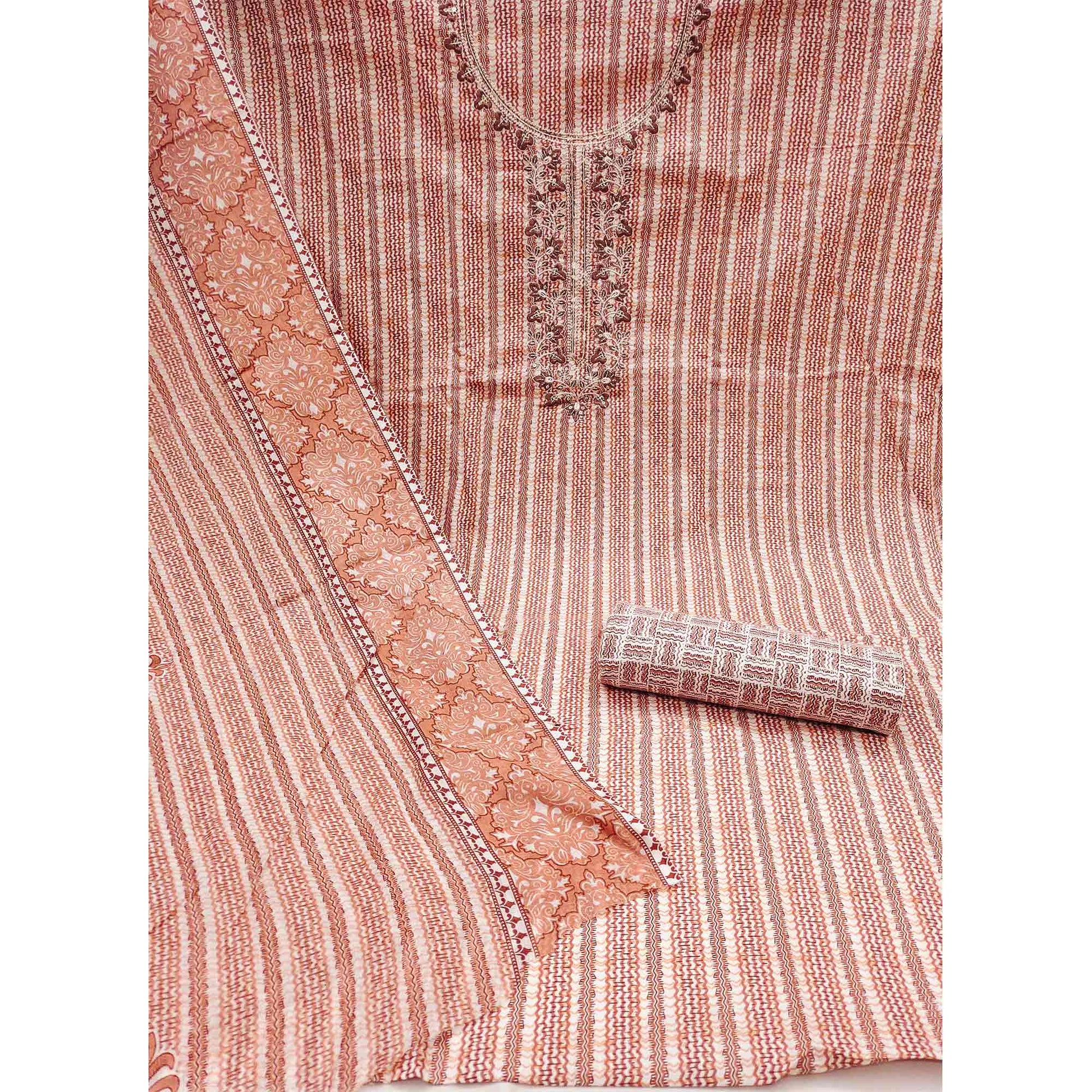 Brown Striped Printed Pure Cotton Dress Material