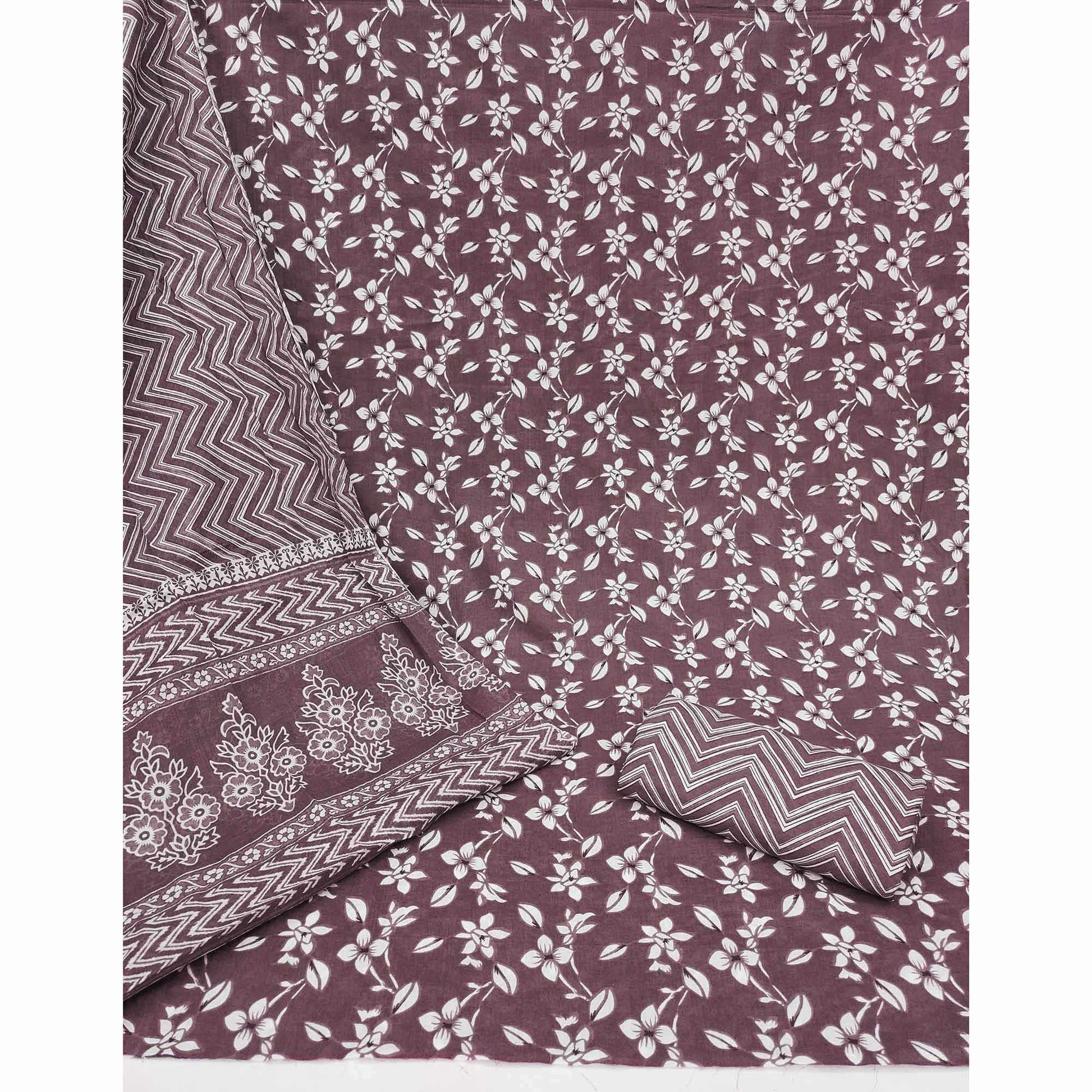 Dark Mauve Floral Printed Pure Cotton Dress Material