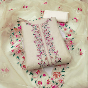 Cream Floral Embroidered Chanderi Dress Material