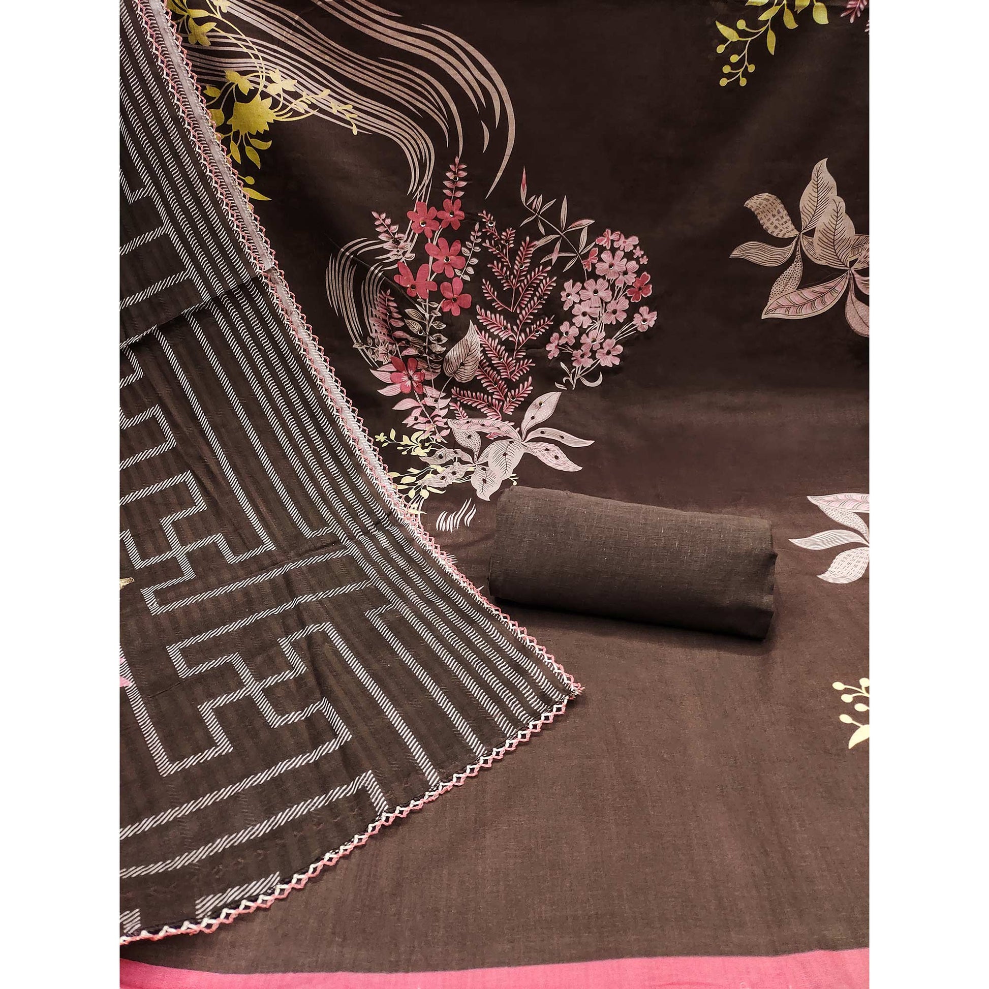 Brown Floral Printed Pure Cotton Dress Material