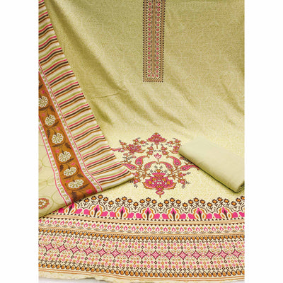 Light Yellow Floral Printed With Stonework Pure Cotton Dress Material