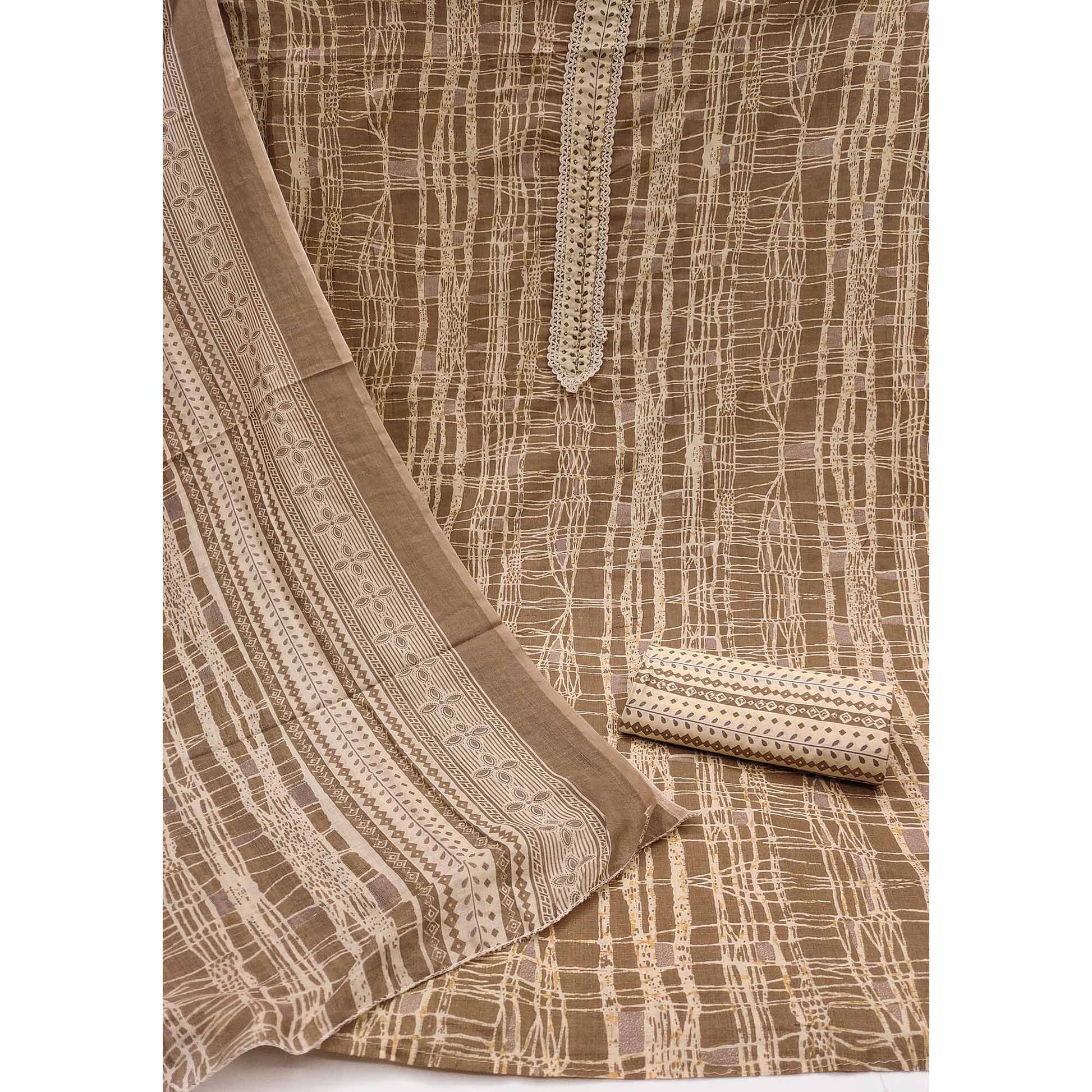 Brown Printed Pure Cotton Dress Material