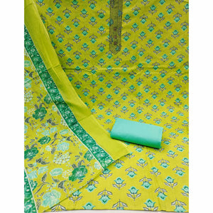 Lemon Green Floral Printed Pure Cotton Dress Material