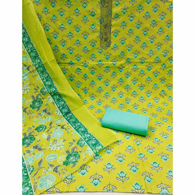 Lemon Green Floral Printed Pure Cotton Dress Material