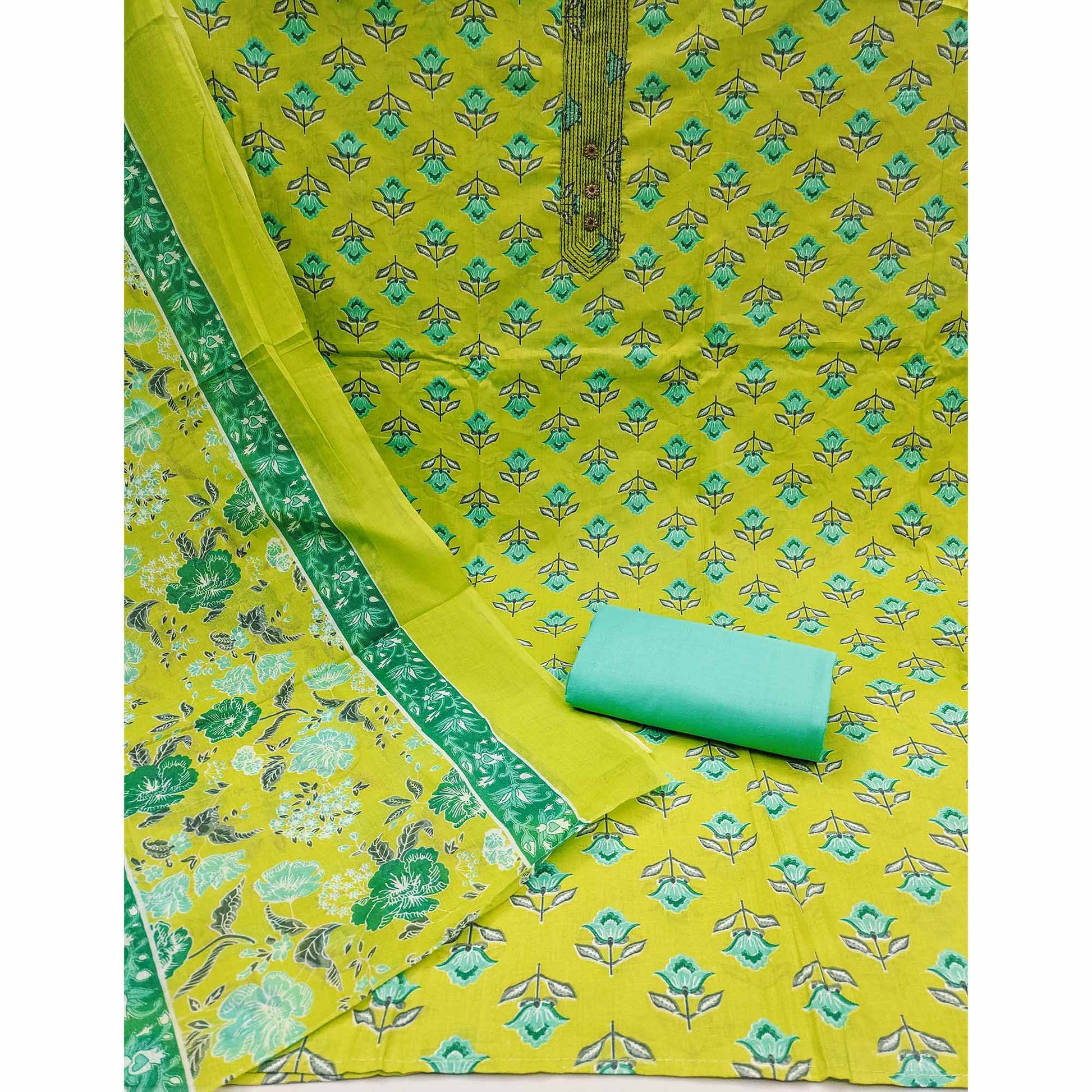 Lemon Green Floral Printed Pure Cotton Dress Material