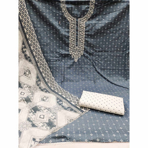 Grey Printed With Embroidered Pure Cotton Dress Material