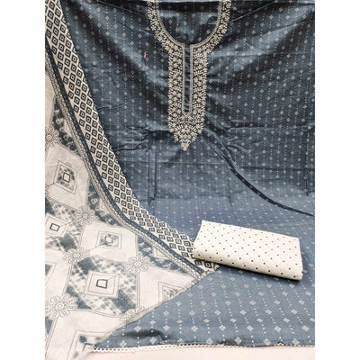 Grey Printed With Embroidered Pure Cotton Dress Material