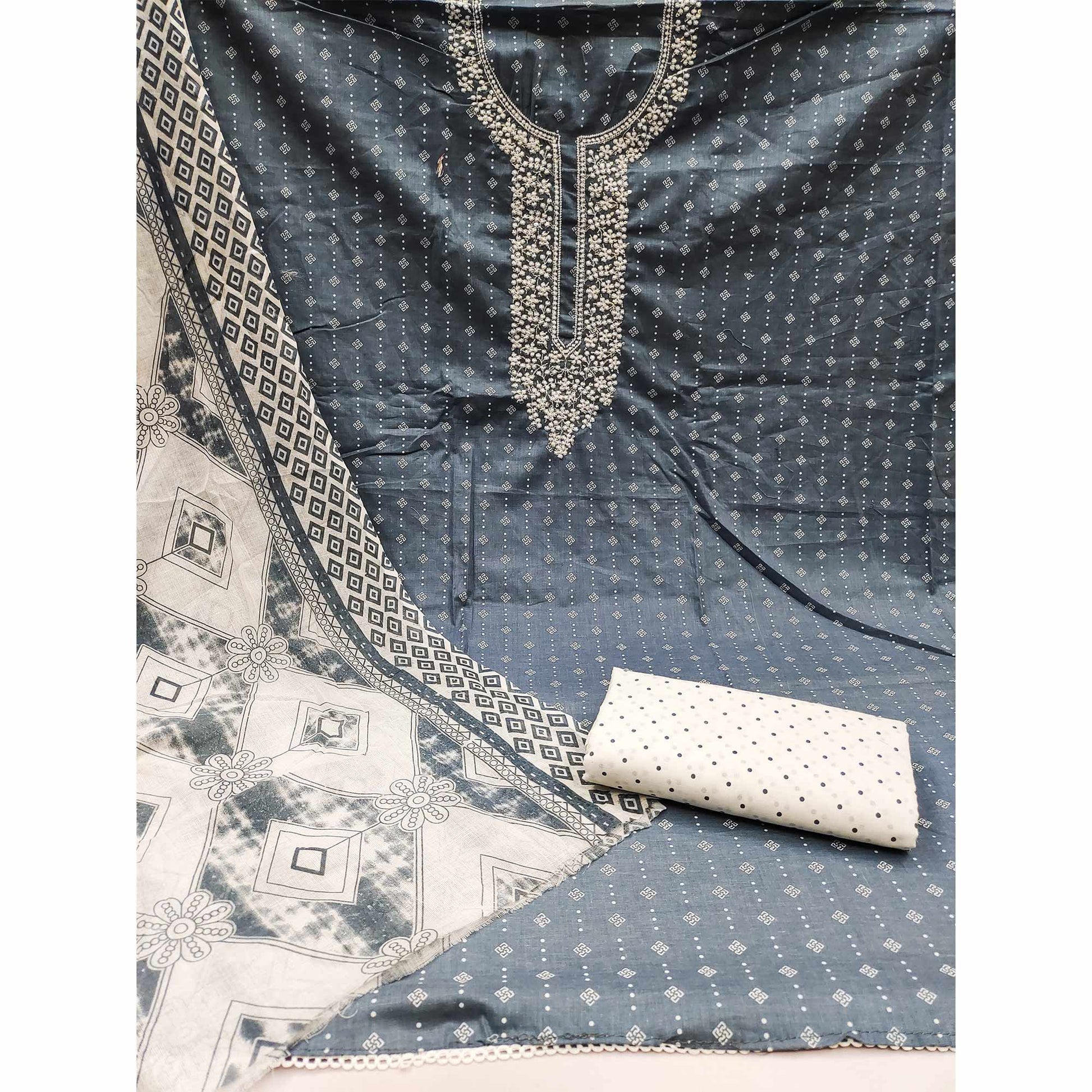 Grey Printed With Embroidered Pure Cotton Dress Material
