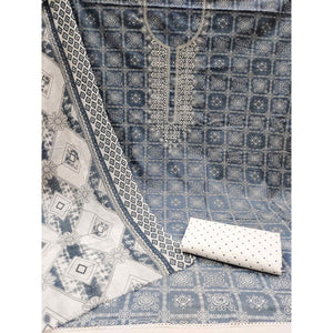Grey Printed With Embroidered Pure Cotton Dress Material