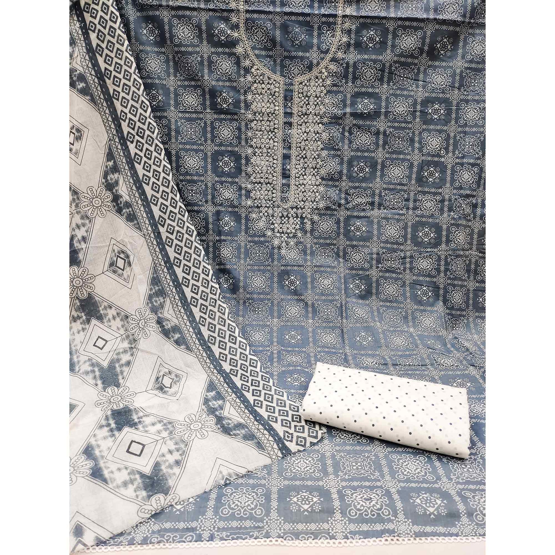 Grey Printed With Embroidered Pure Cotton Dress Material