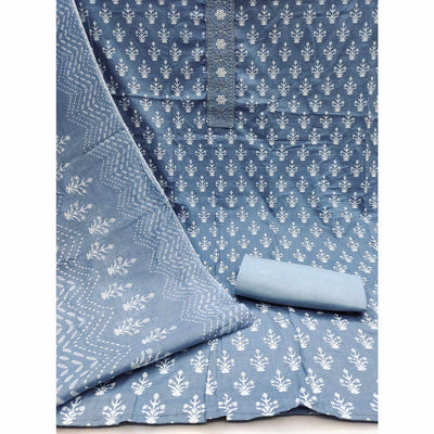 Bluish Grey Floral Printed With Embroidered Pure Cotton Dress Material