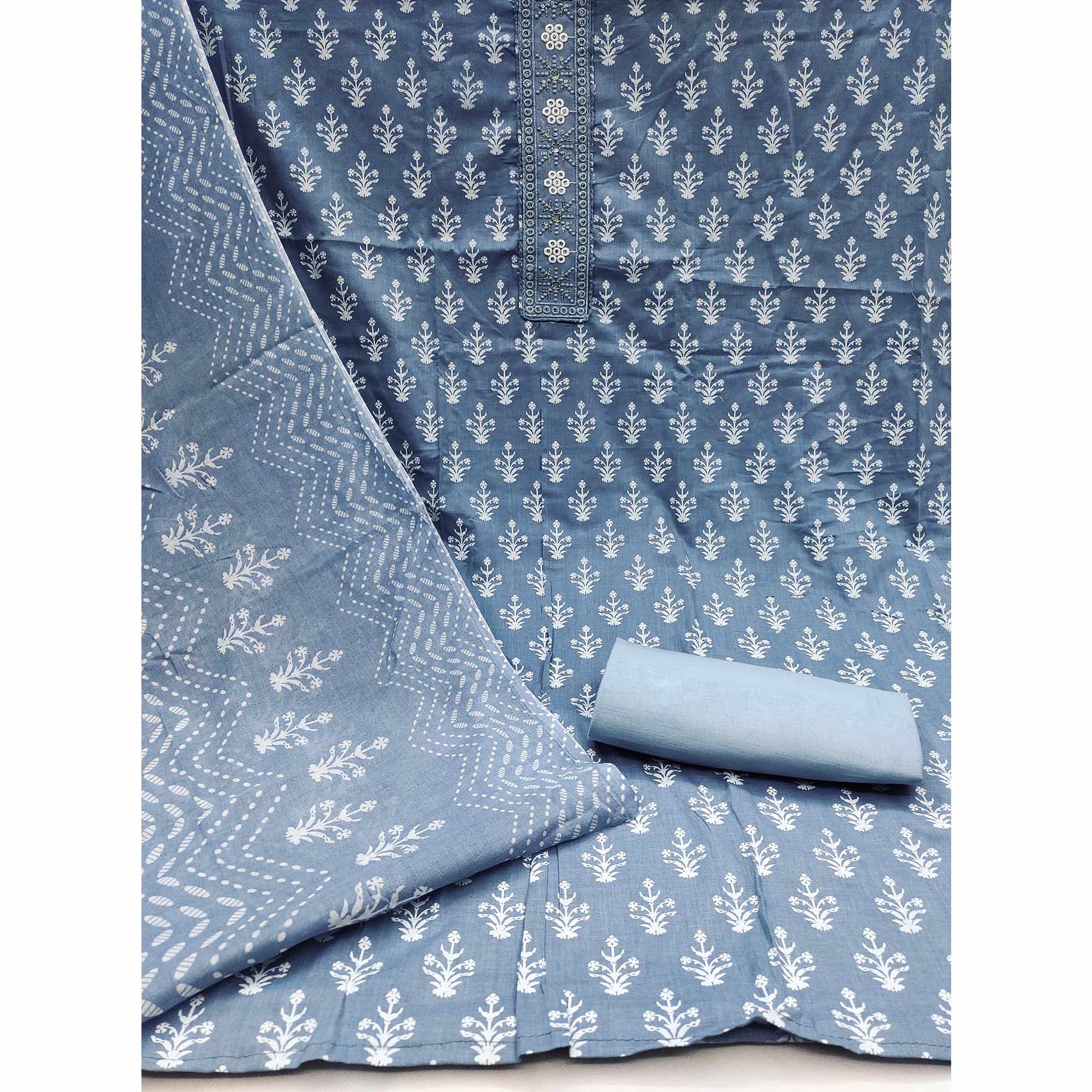 Bluish Grey Floral Printed With Embroidered Pure Cotton Dress Material
