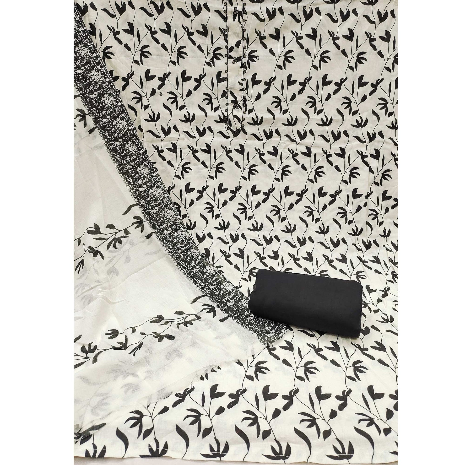Cream & Black Floral Printed Pure Cotton Dress Material