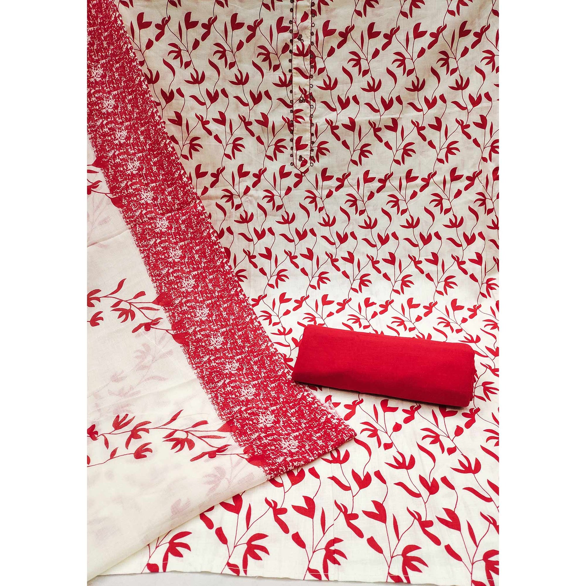 Cream & Red Floral Printed Pure Cotton Dress Material