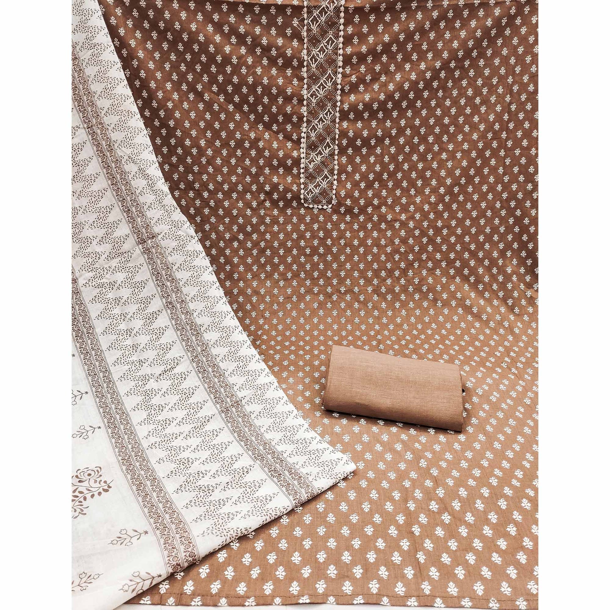 Brown Floral Printed Pure Cotton Dress Material